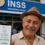 Pessoa em frente a uma agência do INSS segurando um smartphone exibindo uma confirmação de transferência via Pix. Na tela do aparelho aparece a mensagem “Pix realizado com sucesso!” e o valor de R$ 90.000,00. Ao fundo, a fachada azul do INSS (Previdência Social) está visível, com entrada do prédio e pessoas ao longe. Logotipo da empresa posicionado no canto superior direito da imagem.