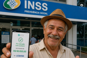 Pessoa em frente a uma agência do INSS segurando um smartphone exibindo uma confirmação de transferência via Pix. Na tela do aparelho aparece a mensagem “Pix realizado com sucesso!” e o valor de R$ 90.000,00. Ao fundo, a fachada azul do INSS (Previdência Social) está visível, com entrada do prédio e pessoas ao longe. Logotipo da empresa posicionado no canto superior direito da imagem.